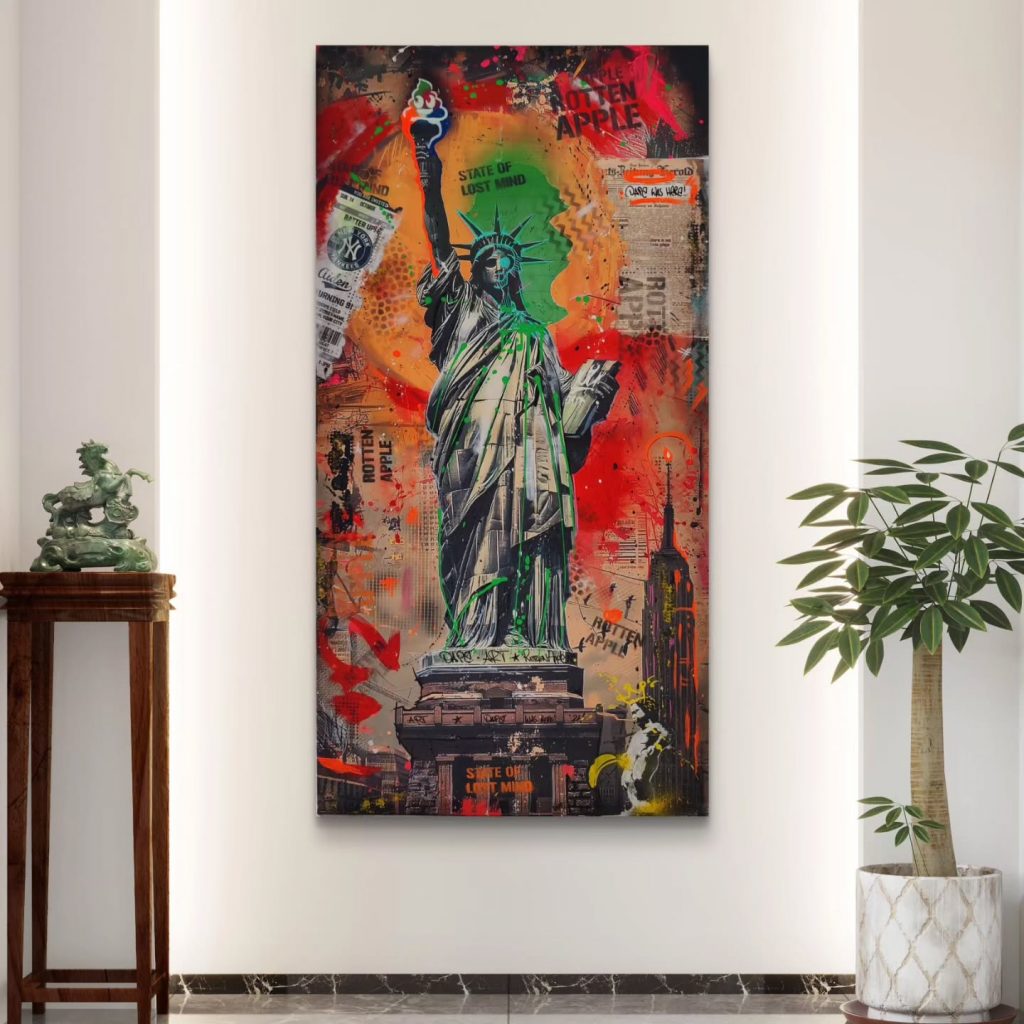 Eine lebendige Pop-Art-Darstellung der Freiheitsstatue, die durch Mixed-Media-Techniken und neonfarbene Highlights hervorsticht. Die Schichtung von Farben und Texturen verleiht dem ikonischen Motiv eine moderne und dynamische Wirkung.